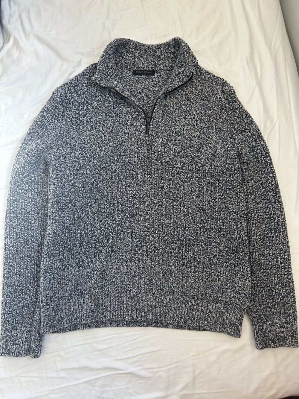 Banana Republic Mens Quarter Zip Sweater L Gray Marled Knit Pullover